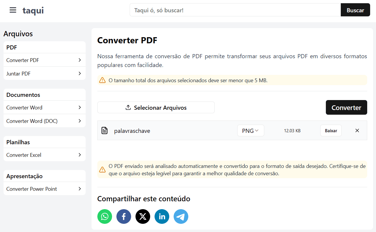 Página Converter PDF - Resultado